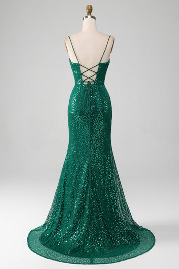 Sparkly Dark Green Beaded Sequins Long Prom Dress med Slit